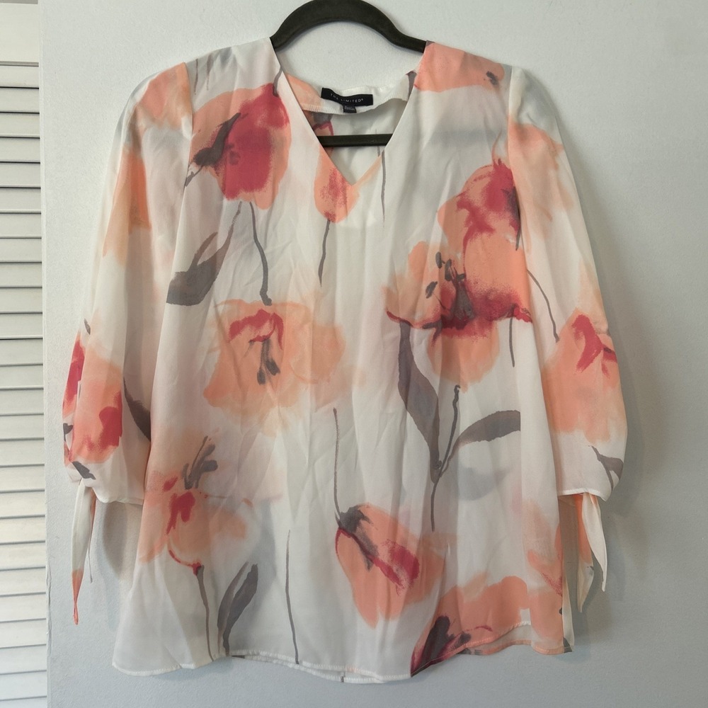 The Limited Womens PXS Floral V-Neck‎ Blouse Orange Pink Watercolor Tie Sleeve